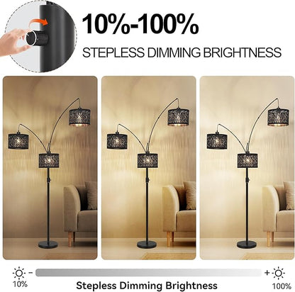 Dimmable Floor Lamp-3 Lights Arc Floor Lamps for Living Room,Modern Tall Standing Lamp With Black Drum Hollow-carved Design Shades,Gothic Mid Century Tree Floor Lamp for Bedroom Corner,Bulbs Included