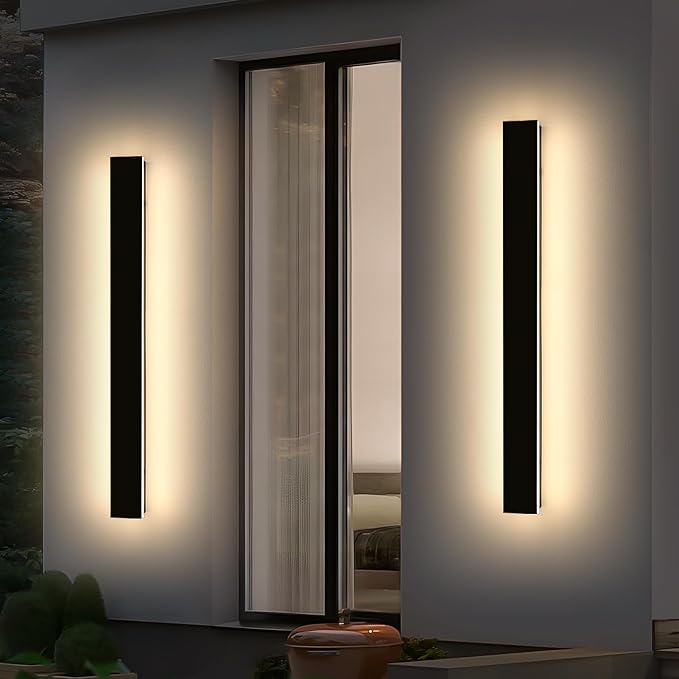 Mikeru 3CCT Dimmable Outdoor Wall Sconce 47.2" IP65 Waterproof -2Pack Modern Black Exterior Light with Remote Control, Adjustable 3000K/4500K/6000K for Porch, Patio & Commercial Spaces | Hardwired