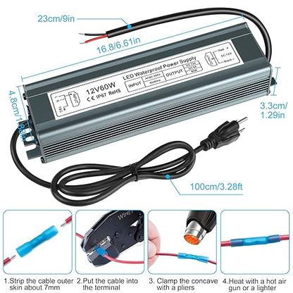 inShareplus 12V 60W Power Supply, LED Driver AC 90-265V to DC 12 Volt 5A IP67 Waterproof, Low Voltage Transformer, Outdoor Driver with 3-Prong Plug 3.3 Feet Cable for LED Light, Outdoor Use