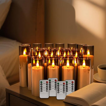 Halloween Decoration Flickering Flameless Candles Battery Operated Timer Led Pillar Candles with Realistic Moving Wick Candles for Home Decor 24 Pack (D2.2 xH 5" 6" 7")(Grey)