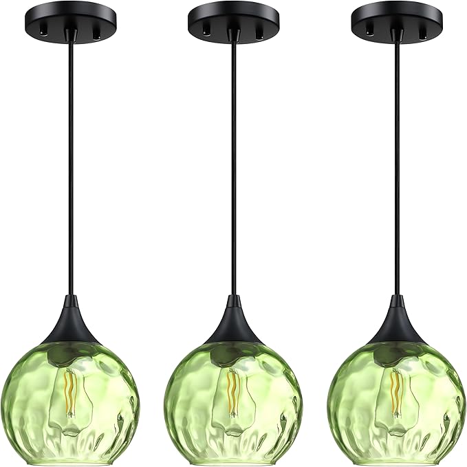 3 Pack 6.3" Hammer Green Glass Pendant Ceiling Light Fixtures Black Finish Modern Farmhouse Dinning Over Sink Adjustable Height Cord