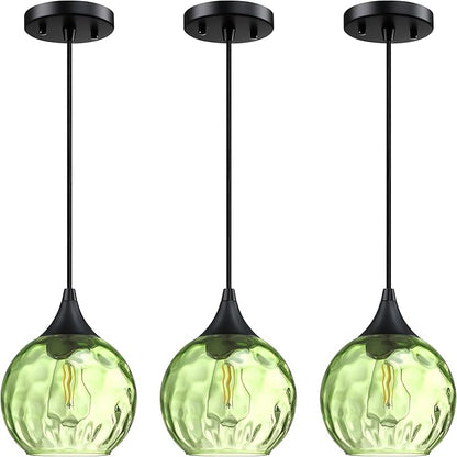 3 Pack 6.3" Hammer Green Glass Pendant Ceiling Light Fixtures Black Finish Modern Farmhouse Dinning Over Sink Adjustable Height Cord
