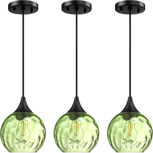3 Pack 6.3" Hammer Green Glass Pendant Ceiling Light Fixtures Black Finish Modern Farmhouse Dinning Over Sink Adjustable Height Cord