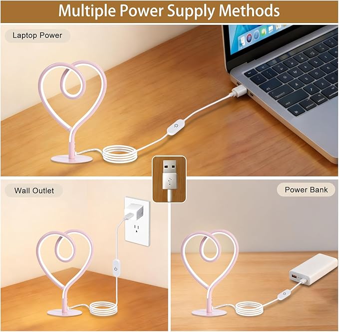 Pink Desk Lamps for Girls Room,3CCT Stepless Dimmable Pink Table Lamp with USB Adapter,Small Heart Lamp,Modern Nightstand Lamps for Bedroom,Nightstand,Office (2 Pack)