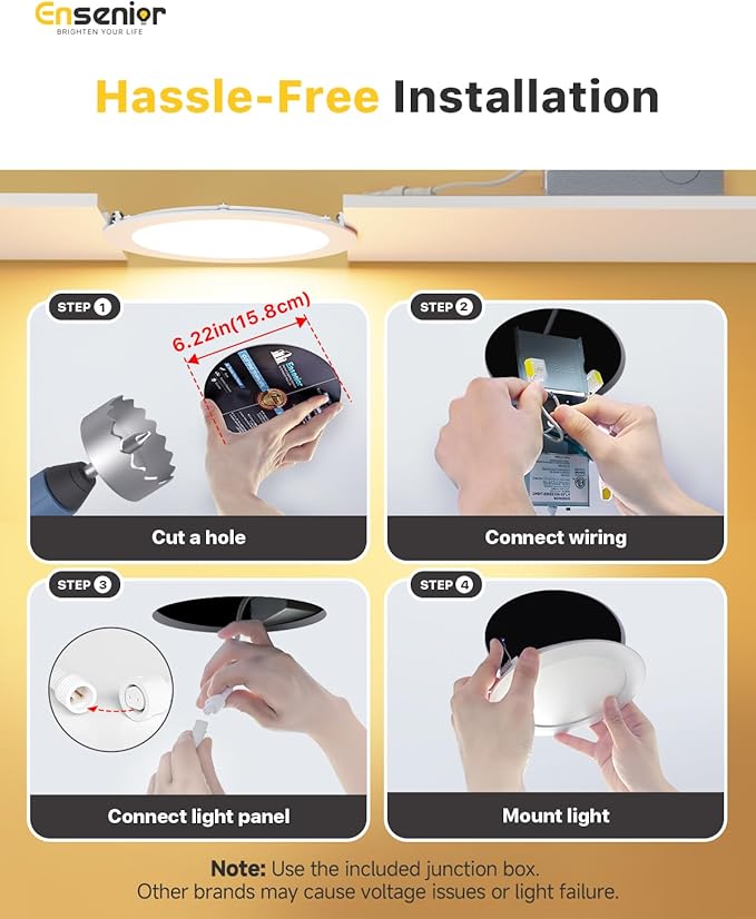 Ensenior 24 Pack 6 Inch LED Recessed Ceiling Light, Dimmable, 6000K Clear White, 1050LM 12W 120V, High Brightness Canless Wafer Downlight - ETL&FCC&IC