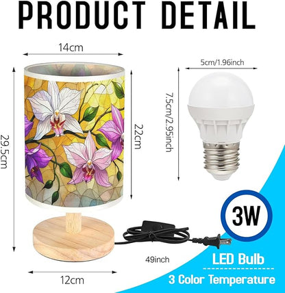 Orchid Table Lamp LED 3-Color Pressed Bedside, Orchid Shade Lamp with Wood Base for Bedroom Living Room Desk Office