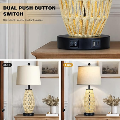 UXEFLOW 27" Beige Rattan Lamps with Night Light, Coastal Bedside Table Lamps Set of 2, Woven Wicker Bedroom Nightstand Lamp with USB A+C Charging Port & AC Outlet, Tall Farmhouse Lamp for Living Room