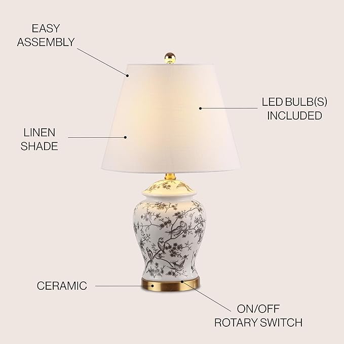 JONATHAN Y JYL3005C 22" French Country Ginger Jar Table Lamp, Gray and White Chinoiserie Ceramic Bedside Lamp for Living Room, Traditional Bedroom Nightstand with White Linen Shade, LED Bulb Included