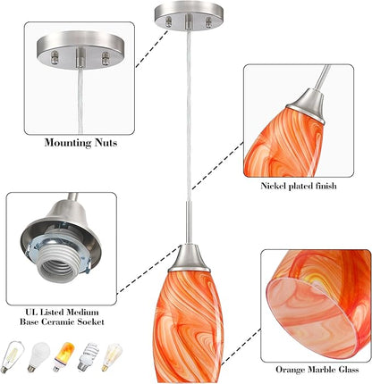 Mini Glass Pendant Light 4.72" with Handblown Orange Marble Art Glass Hanging Light 3-Pack Oval Ceiling Hanging Light Fixture for Dining Room Kitchen Island Cafe Foyer Hallway