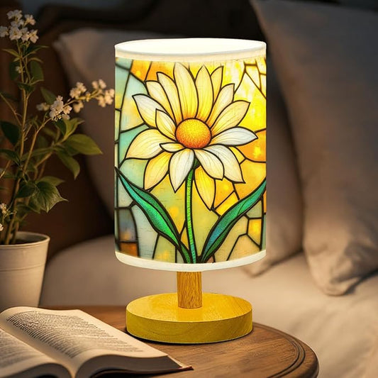 Daisy Table Lamp LED 3-Color Pressed Bedside, Daisy Shade Lamp with Wood Base for Bedroom Living Room Desk Office TL01