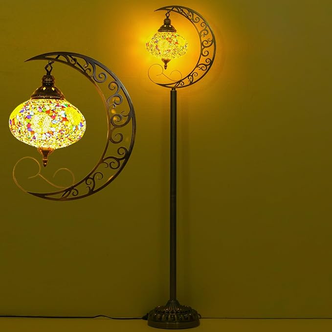 3D Crescent Moon Turkish Floor Lamp - 60 Inch Boho Lamp, 8 Inch Stained Glass Shade, Handmade for Living Room, Bulb Included (Multicolor,YUELFL-05)