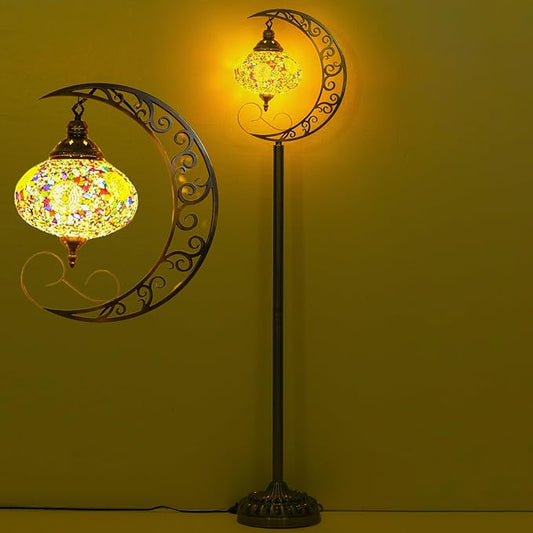 3D Crescent Moon Turkish Floor Lamp - 60 Inch Boho Lamp, 8 Inch Stained Glass Shade, Handmade for Living Room, Bulb Included (Multicolor,YUELFL-05)