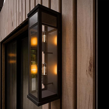 LEDMyplace Outdoor Sconce Light - 40W Rectangular Black Outdoor Wall Sconce with Clear Glass Panels - Two E12 Socket, High CRI, IP65, ETL Listed, Modern Exterior Light Fixture (22.25" H x 5.5" W)