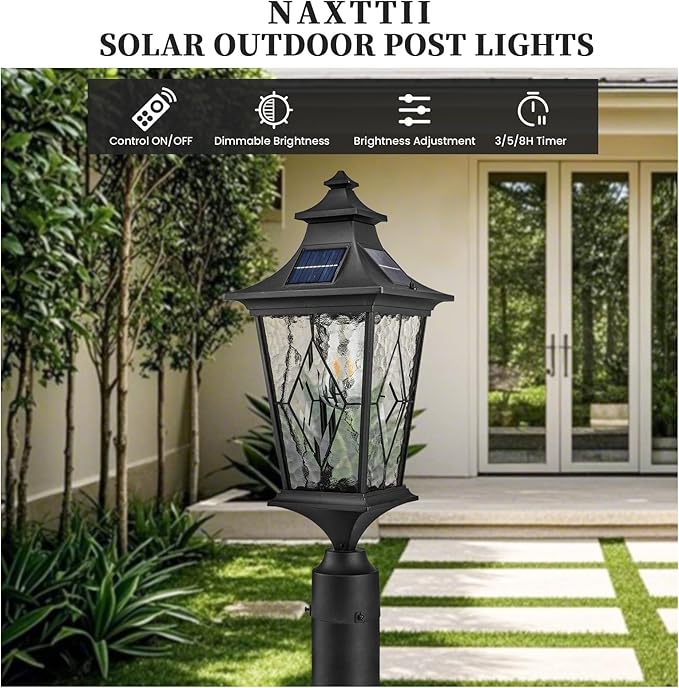 Solar Lamp Post Light Aluminum 20.7 Inch Height Large Size Solar Pole Lights with Water Ripple Handmade Solder Glass Waterproof Black Finish Include Remote Control and LED Bulb