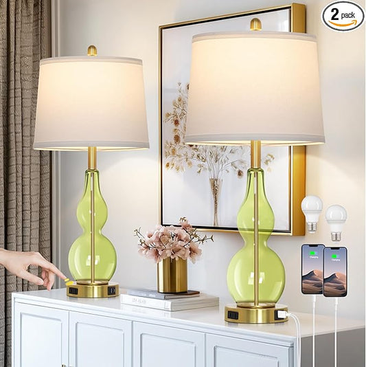 27.5" Green Glass Double Gourd Table Lamp Set of 2,3-Way Dimmable Touch Control Bedside Lamps with USB Ports and AC Outlet, Nautical Nightstand Lamps for Bedroom Living Room