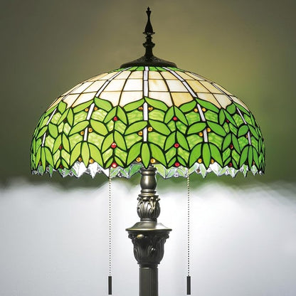 Tiffany Style Floor Lamp, 16" Stained Glass Green Leaf Shade with Antique Bronze Base, 2-Light E26 Pull Chain Standing Reading Light for Living Room, Bedroom, UL Listed, 16x16x64 Inches