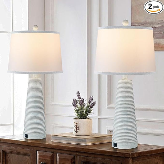 Terpsichore Nightstand Lamp Desk Lamp Vintage Bedside Lamps Set of 2 Rustic Farmhouse Table Lamps 3 Way Dimmable Light,Suitable for Living Room Bedroom,with Linen Shade LED Bulb,USB A+C Port