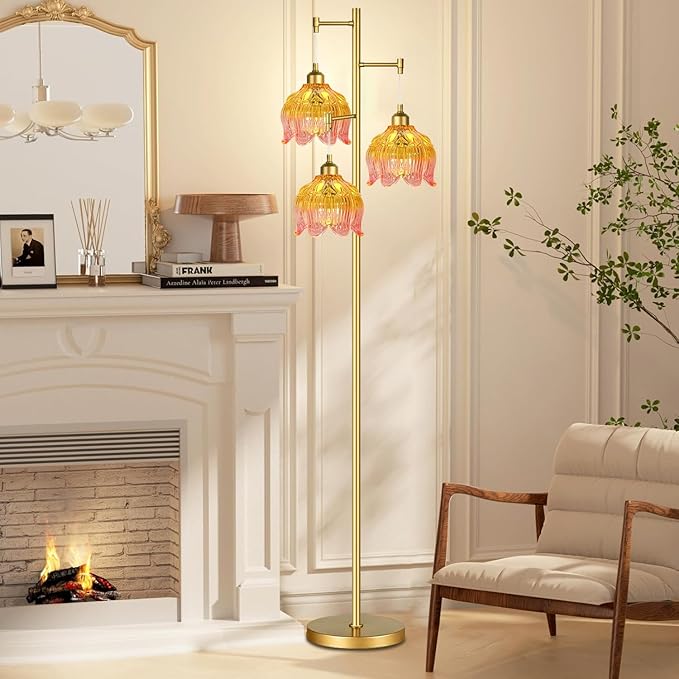 Glass Floor Lamp for Living Room,Bedroom,Gold Mid Century Modern Standing Lamp Brass Tree 3 Light Tall Floor Lamps Vintage Retro Floor Lights Flower Lamp Shade Farmhouse Boho Bohemian