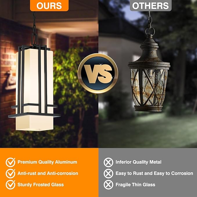 Outdoor Pendant Light Fixture - Aluminum Exterior Hanging Lantern, Outdoor Hanging Light with Black Adjustable Chain Outdoor Pendant Lights for Porch Patio (Max 50''H, 1 pc)