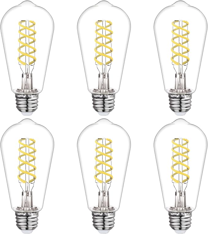 BORT Dimmable Edison Bulbs, 6W Equivalent to 60W Vintage Light Bulbs, E26 5000K ST58/ST19 LED Bulbs, Antique Flexible Spiral Filament Light Bulbs, Clear Plastic Screw Lamp - 6Pack