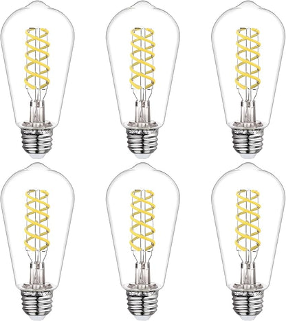 BORT Dimmable Edison Bulbs, 6W Equivalent to 60W Vintage Light Bulbs, E26 5000K ST58/ST19 LED Bulbs, Antique Flexible Spiral Filament Light Bulbs, Clear Plastic Screw Lamp - 6Pack