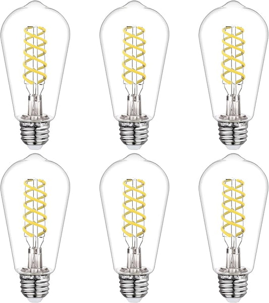BORT Dimmable Edison Bulbs, 6W Equivalent to 60W Vintage Light Bulbs, E26 5000K ST58/ST19 LED Bulbs, Antique Flexible Spiral Filament Light Bulbs, Clear Plastic Screw Lamp - 6Pack