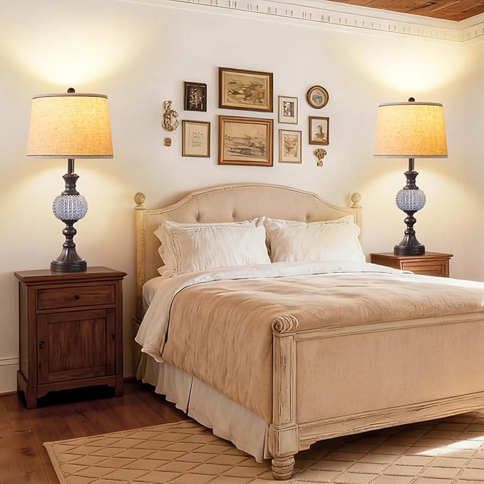 28" Set of 2 Farmhouse Table Lamps for Living Room, Rustic Nightstand Lamp with USB +C Charging Ports and Crystal Balls Decor for Bedroom End Tables Entryway (Included 2 Bulbs)