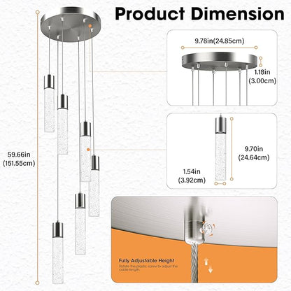 Pendant Lights Kitchen Island, Modern Kitchen Island Lights, Ceiling Lighting Fixtures with Crystal Bubble, Integrated LED Hanging Light Nickel 1 Pack(6-Light)