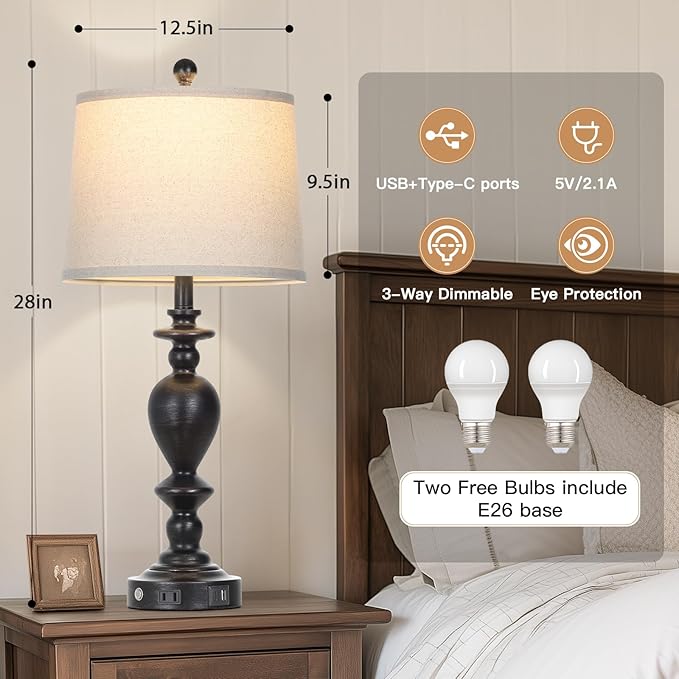 28" Tall Farmhouse Bedside Lamp Set of 2,Black Vintage Bedside Lamps with USB C+A Ports & AC Outlet,3-Way Dimmable Touch Lamp for Night Stands Living Room Bedroom,Black-2