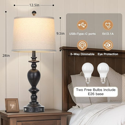 28" Tall Farmhouse Bedside Lamp Set of 2,Black Vintage Bedside Lamps with USB C+A Ports & AC Outlet,3-Way Dimmable Touch Lamp for Night Stands Living Room Bedroom,Black-2