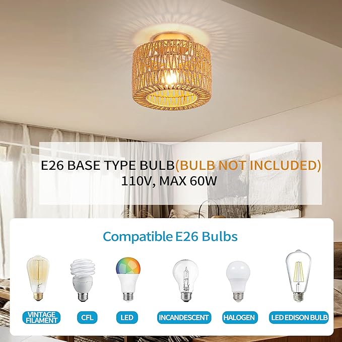 Rattan Ceiling Light, 1 Light Bohemian Modern Woven Flush Mount Ceiling Light, Boho Light Fixture for Bedroom Living Room Dining Room, Gold Finish