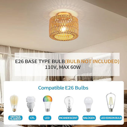 Rattan Ceiling Light, 1 Light Bohemian Modern Woven Flush Mount Ceiling Light, Boho Light Fixture for Bedroom Living Room Dining Room, Gold Finish