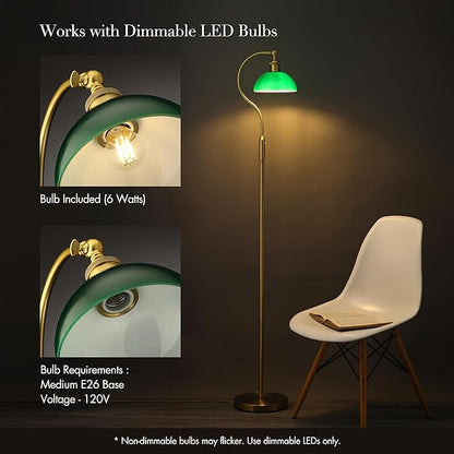 O’Bright Heritage - Banker’s Floor Lamp, 3-Level Touch Dimming, Adjustable Tilt Shade, Removable Lampshade Design, E26 Socket with 6W Dimmable LED Bulb, Green Glass Shade, Antique Brass