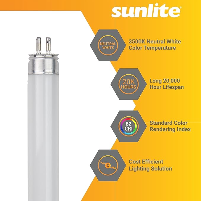 Sunlite 30320 F21T5/835 3 Foot T5 Linear Fluorescent Lamp, 21 Watts, 1900 Lumens, 3500K Neutral White, Miniature G5 Bi-Pin Base, ROHS Compliant, High Performance Straight Tube, 40 Pack