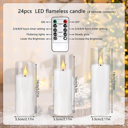 Set of 24 Flickering Flameless Candles Battery Operated with Remote and 2/4/6/8 H Timer Plexiglass Led Pillar Candles with Realistic Moving Wick Candles for Home Decor (D2.2"xH 5"6"7")(White)