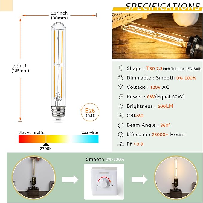 Tubular Light Bulb 7.3 Inch Dimmable T10 LED Bulb E26 6W 60 Watts Edison Bulbs 2700K Solf White,185mm Long for Wall Sconces, Pendant, Livingroom, 4-Pack