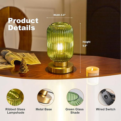 Bedside Table Lamp with Green Glass Shade, Small Nightlight Lamp Elegant Glass Nightstand Lamps Modern Desk Light with Plug-in Style for Bedroom Living Room Tabletop Dia5.9"x H9.8"
