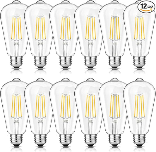 Svater Vintage LED Edison Bulbs 60W Equivalent, 6W ST58 2700K Warm White Antique LED Filament Bulbs, E26 Medium Base, Clear Glass Style for Home and Commercial, Dimmable 750 LM, 12 Pack
