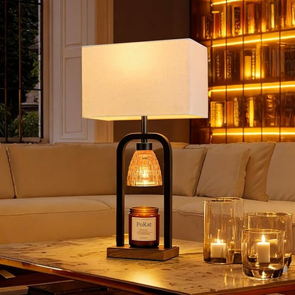 PoKat Table Lamps with Candle Warmer & Timer for Bedroom, Farmhouse Bedside Lamps Set of 2 for Night Stands, 21.5'' Bedroom Lamps Decor for Living Room, Dinning, Hallway, Bulbs Included, Black