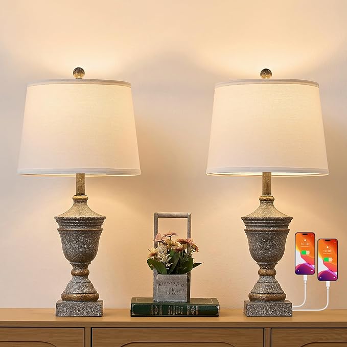 Retro Table Lamps Set of 2, 26.5'' Farmhouse Bedside Lamps with White Fabric Shades, Vintage Nightstand Lamps for Bedroom & Living Room, Bulbs Included