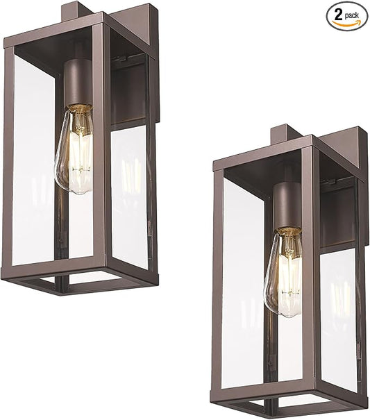 Outdoor Wall Light with Clear Glass, Anti-Rust Exterior Wall Sconce, Weather Resistant Outdoor Lantern, Exterior Lighting for Porch, Patio, Garage, Entryway (Oil-Rubbed Bronze, 15.5"Height-2 Pack)