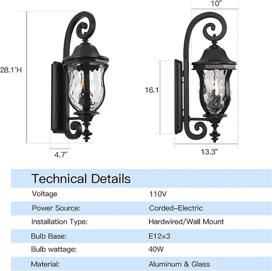 Black Exterior Wall Sconces, 28" H Large Outdoor Wall Light Fixtures with Water Glass, Waterproof Outdoor Lights Wall Mount with Decorative Patterns for Porch, Front Door