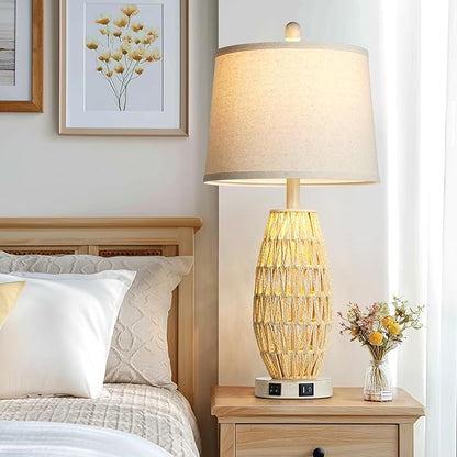 27" Beige Boho Rattan Lamps Set of 2, Coastal Natural Bedroom Table Lamps with Night Light, Woven Wicker Bedside Nightstand Lamp with USB A+C Charging Port, Farmhouse Lamp for Living Room