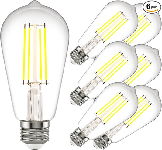 Kawaya E26 LED Edison Bulbs: 6W Equivalent 60 Watt Dimmable LED Light Bulbs - Vintage Warm Lights 2700k 800 Lumens High Brightness Filament Bulbs with 90+ CRI - Clear Glass, 6 Pack