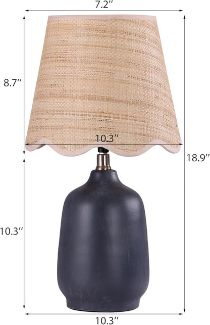 19" Boho Ceramic Table Lamp, Handmade Ceramic Base with Rattan Shade, Farmhouse Plug-in Bedside Nightstand Lamps for Bedroom, Living Room, E26 Socket, Black