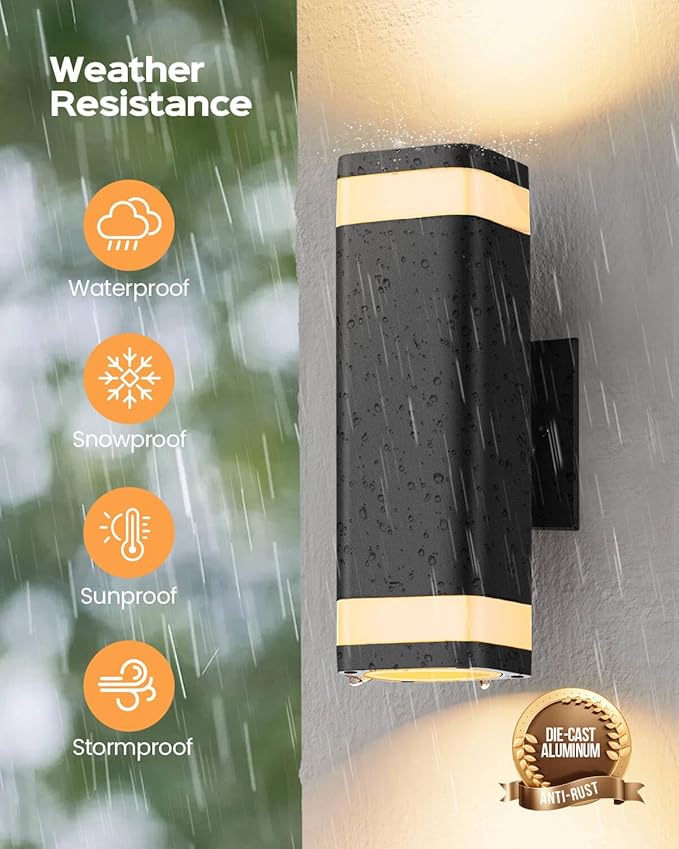 SHIMR Dusk to Dawn Outdoor Wall Light with Sensor 2 Pack, Waterproof Up and Down Outdoor Sconce Lights, Modern Black Aluminum Exterior Lighting Fixtures for Porch Patio Garage, LED Bulbs Included