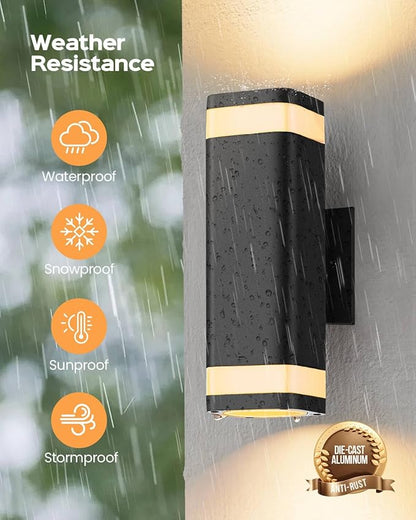 SHIMR Dusk to Dawn Outdoor Wall Light with Sensor 2 Pack, Waterproof Up and Down Outdoor Sconce Lights, Modern Black Aluminum Exterior Lighting Fixtures for Porch Patio Garage, LED Bulbs Included