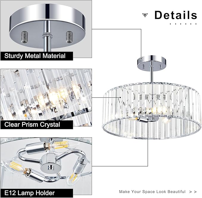 Crystal Chrome Semi Flush Mount Ceiling Light Modern Hallway Light Fixture Metal Close to Lamp for Kitchen Living Room Bathroom Entryway Bedroom(15.75 inch)