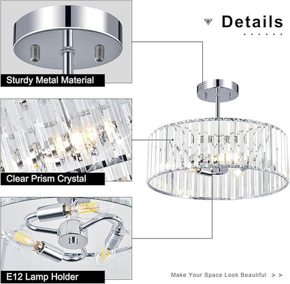 Crystal Chrome Semi Flush Mount Ceiling Light Modern Hallway Light Fixture Metal Close to Lamp for Kitchen Living Room Bathroom Entryway Bedroom(15.75 inch)