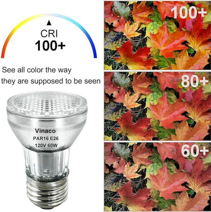 Vinaco PAR16 Halogen Bulb 60 Watt, 6 Pack High Output 480LM Flood, Warm White 2800K, Dimmable with E26 Base, Long Neck for Ceiling Light